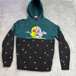 Ice Cream Skull Graphic Colorblock Hoodie Mens Size M Teal Black